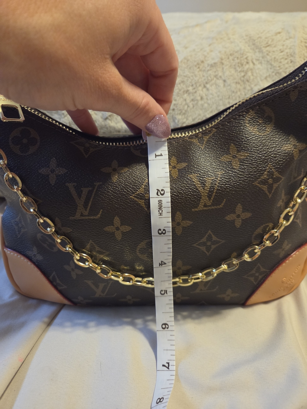 Brown Monogram Canvas Shoulder Bag with Gold Chain - Picture 8 of 10